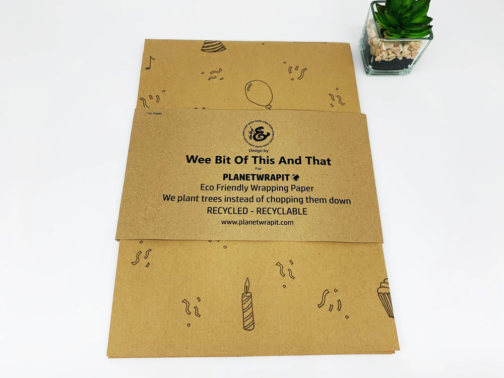 
                  
                    PlanetWrapIt Party Time Recycled Kraft Wrapping Paper designed by A Wee Bit of This and That. In 1 metre sheets
                  
                