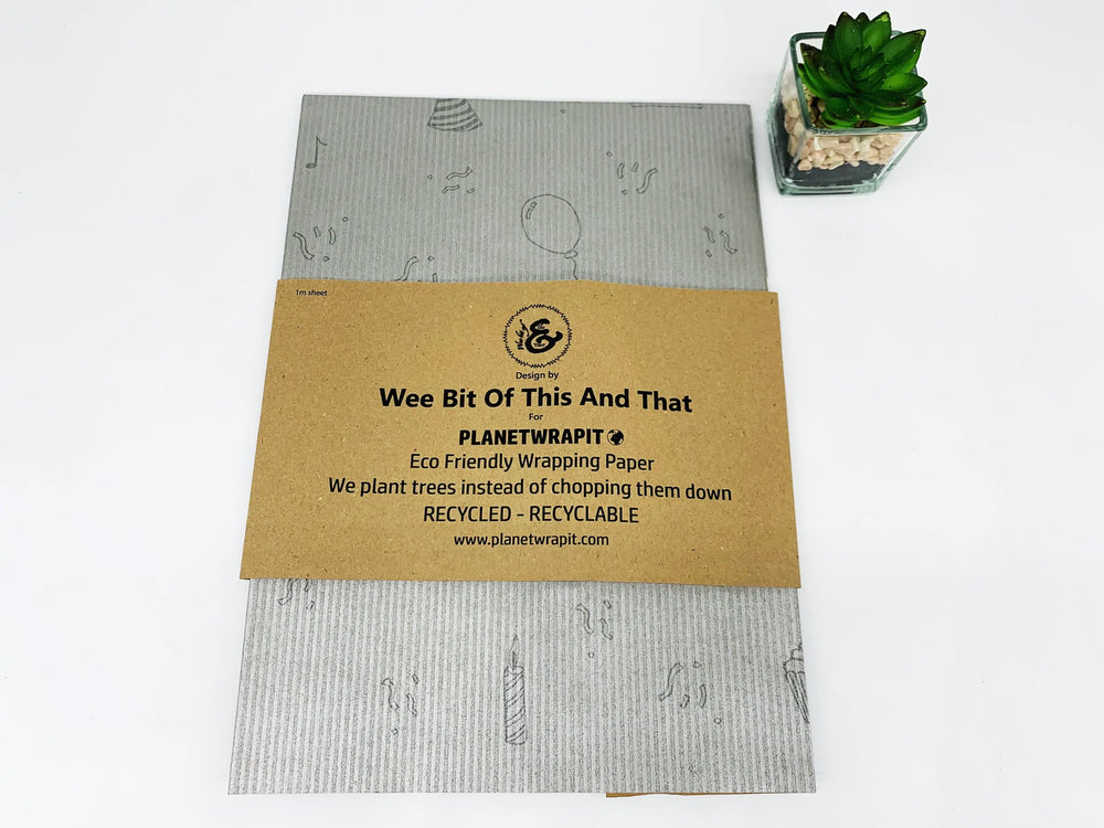 
                  
                    PlanetWrapIt Party Time Recycled Kraft Wrapping Paper designed by A Wee Bit of This and That. In 1 metre sheets
                  
                