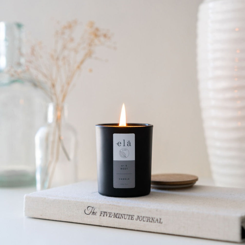 
                  
                    Elä Life Rest No 5 Votive Candle is handmade in the UK in small batches from 100% natural ingredients
                  
                