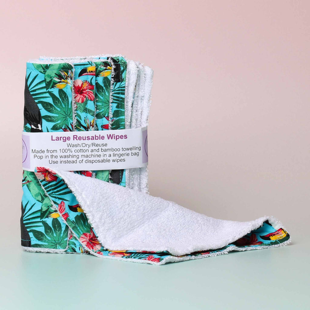 Hannah and Me - Tropical Toucans Large Reusable Wipes, set of 5