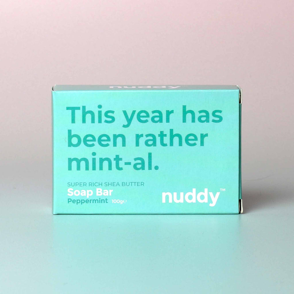 nuddy peppermint moisturising soap bar in box