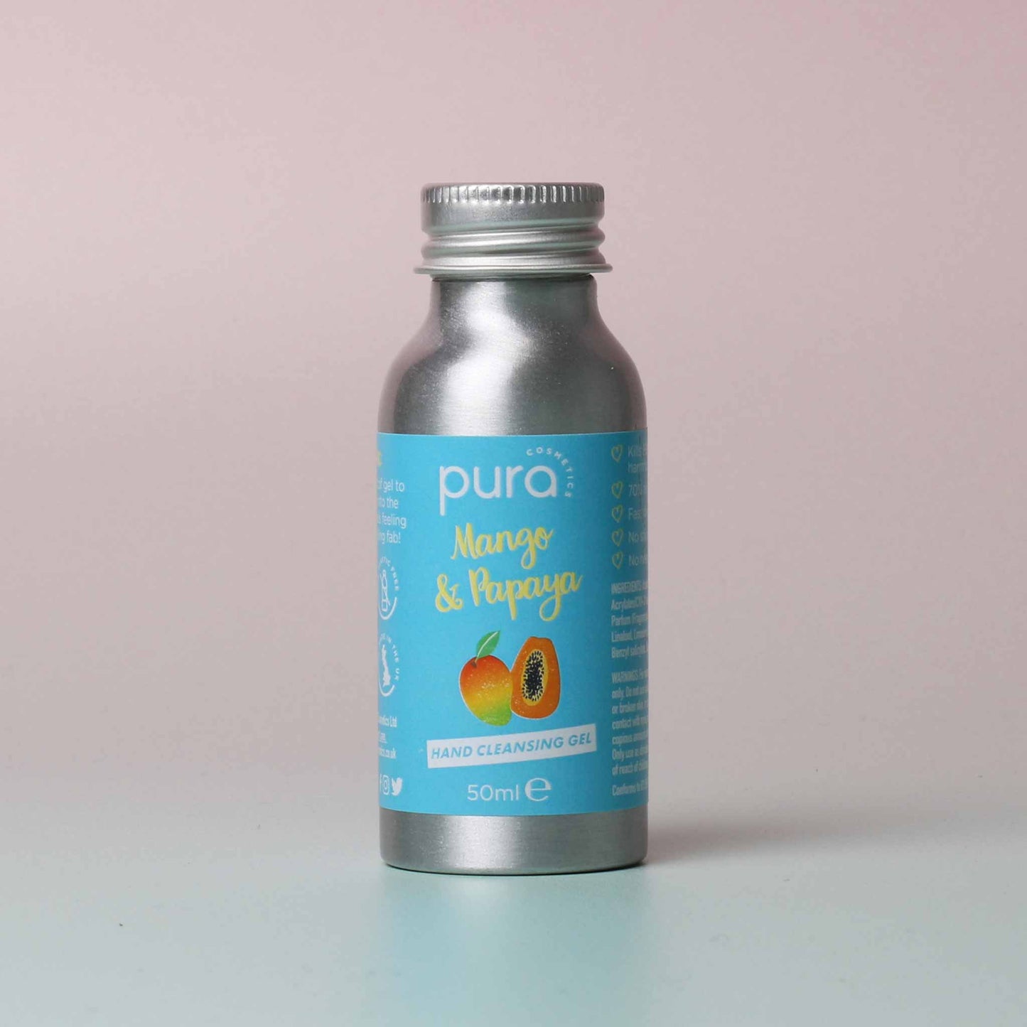 Pura Cosmetics Mango & Papaya Hand Cleansing Gel. Vegand, cruelty free, plastic free and made in the UK