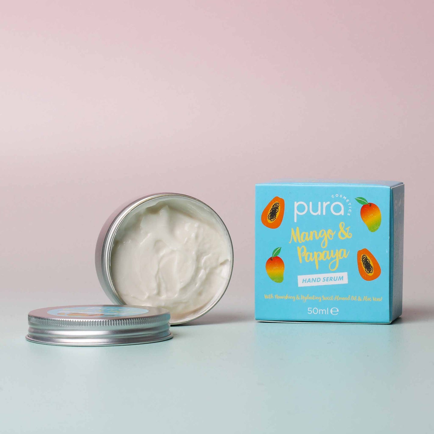 Pura Cosmetics Mango & Papaya Hand Serum. Vegan, cruelty free, plastic free, UK made and hydrating with a gorgeous tropical smell